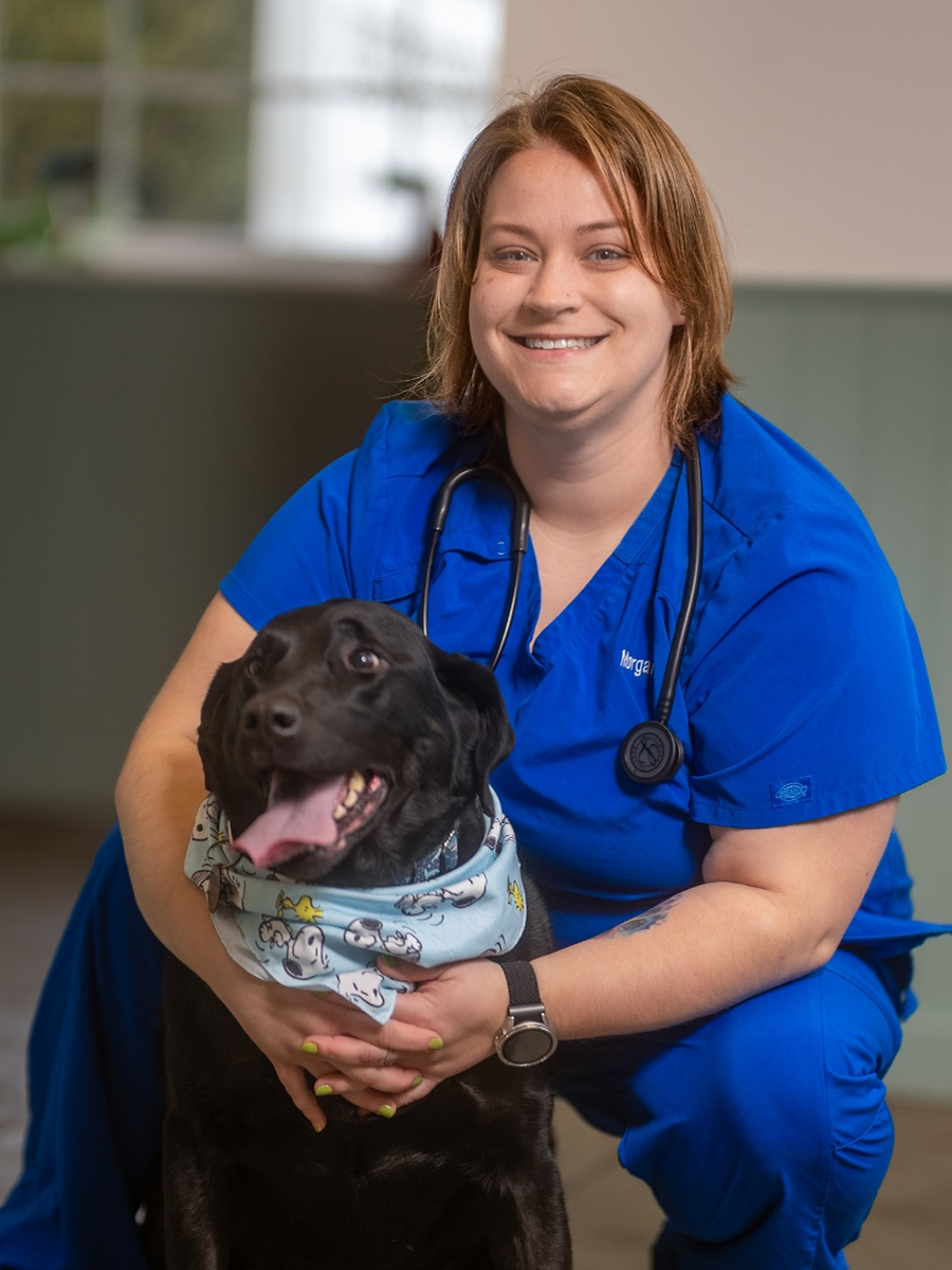 A smiling woman wearing blue medical scrubs and a stethoscope kneels while holding a happy black Labrador retriever wearing a blue Snoopy-patterned bandana.