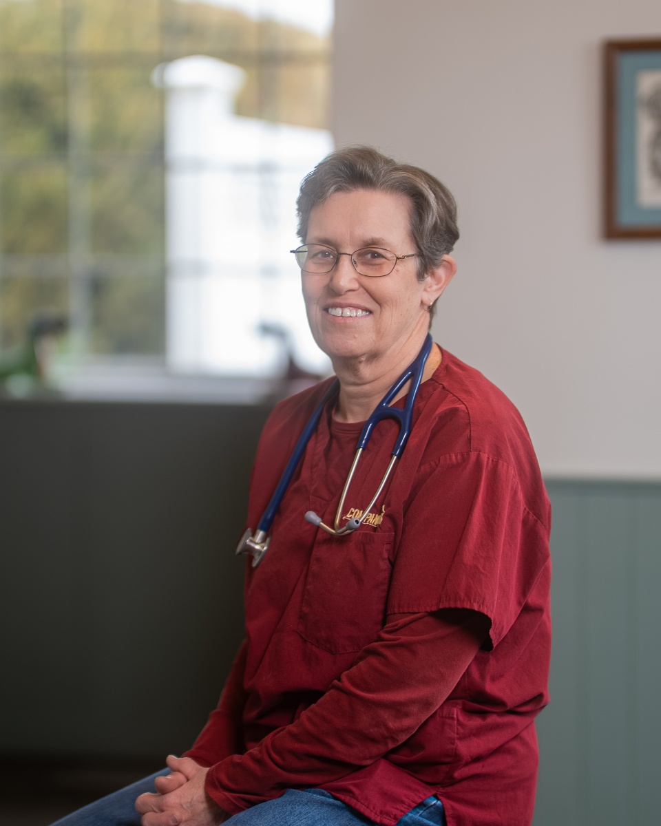 A middle-aged woman with short, light-brown hair and glasses, wearing a burgundy medical scrub top with a blue stethoscope draped around her neck, is smiling at the camera.