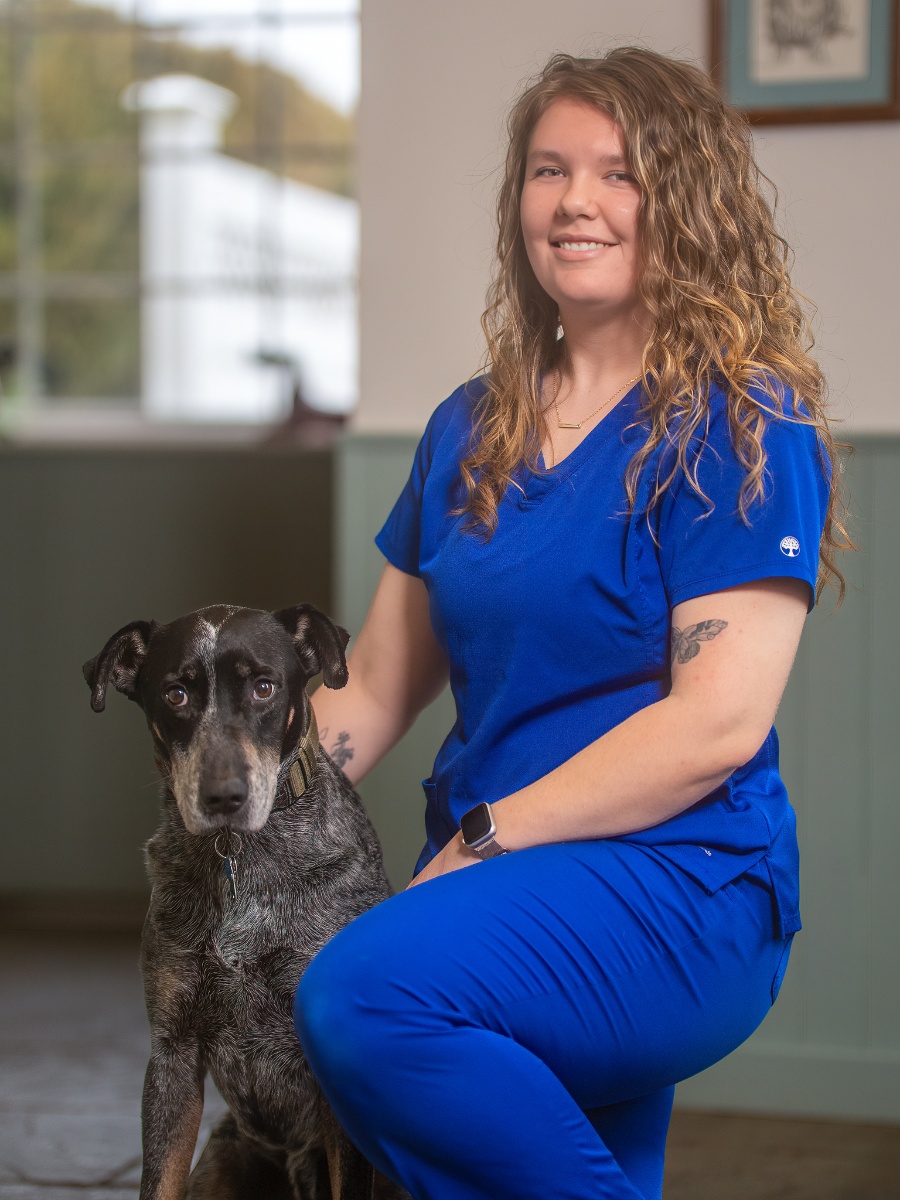 A young woman with long, curly brown hair, wearing blue medical scrubs and a watch, kneels beside a grey and black mixed-breed dog, smiling at the camera in a professional setting.